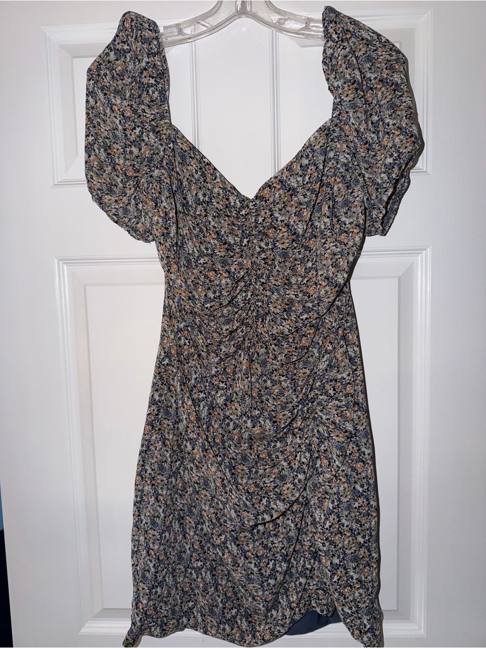 Astr Floral Puff Sleeve Mini Dress in Blue and Tan